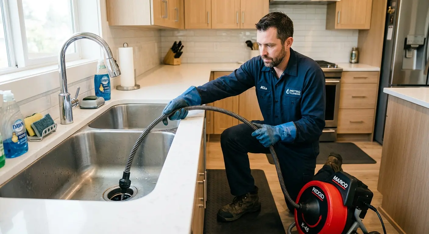 Drain cleaning technician using a motorized snake on a kitchen sink in Lithia Springs