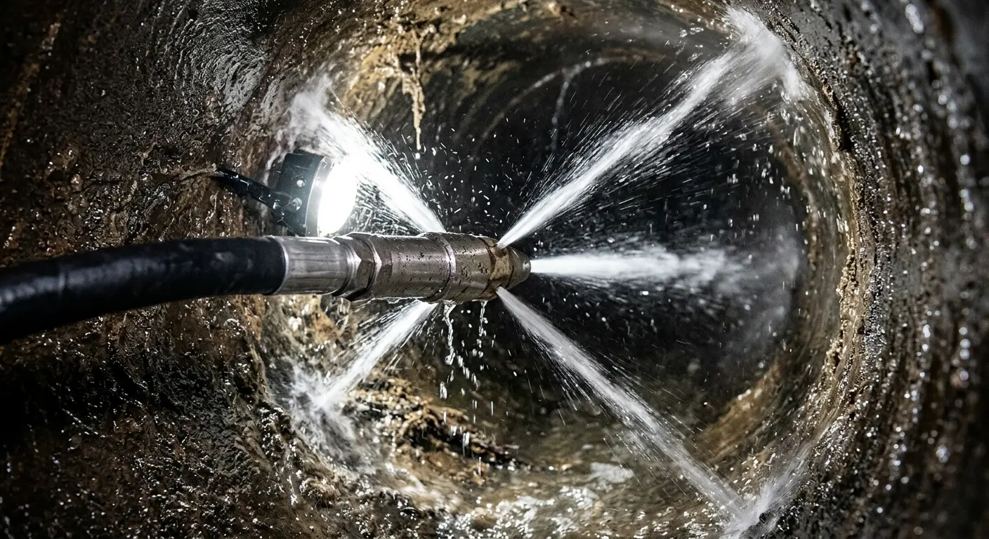 High-pressure hydro jetting nozzle cleaning sewer pipe for Emergency Drain Service in Lithia Springs