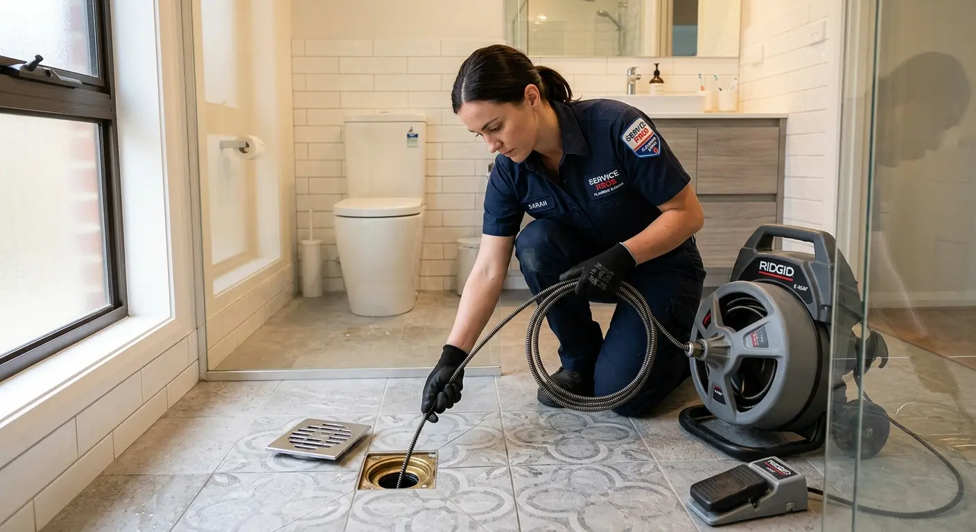 Technician clearing a bathroom floor drain for Drain Repair in Lithia Springs